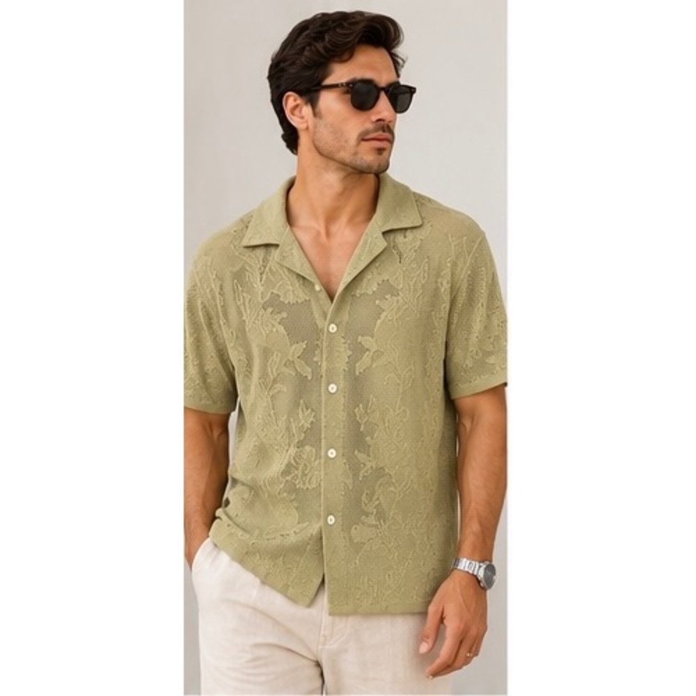 Zara Men Sage Green Floral Lace Open Knit Camp Collar Shirt Size XS Small
